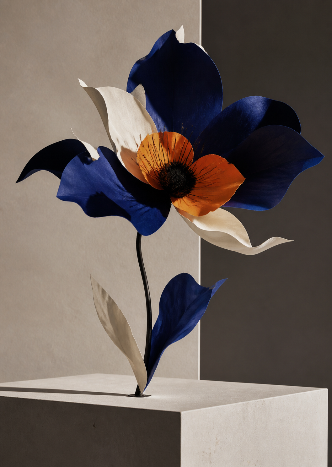 An abstract colorful paper flower sculpture on a stone plinth