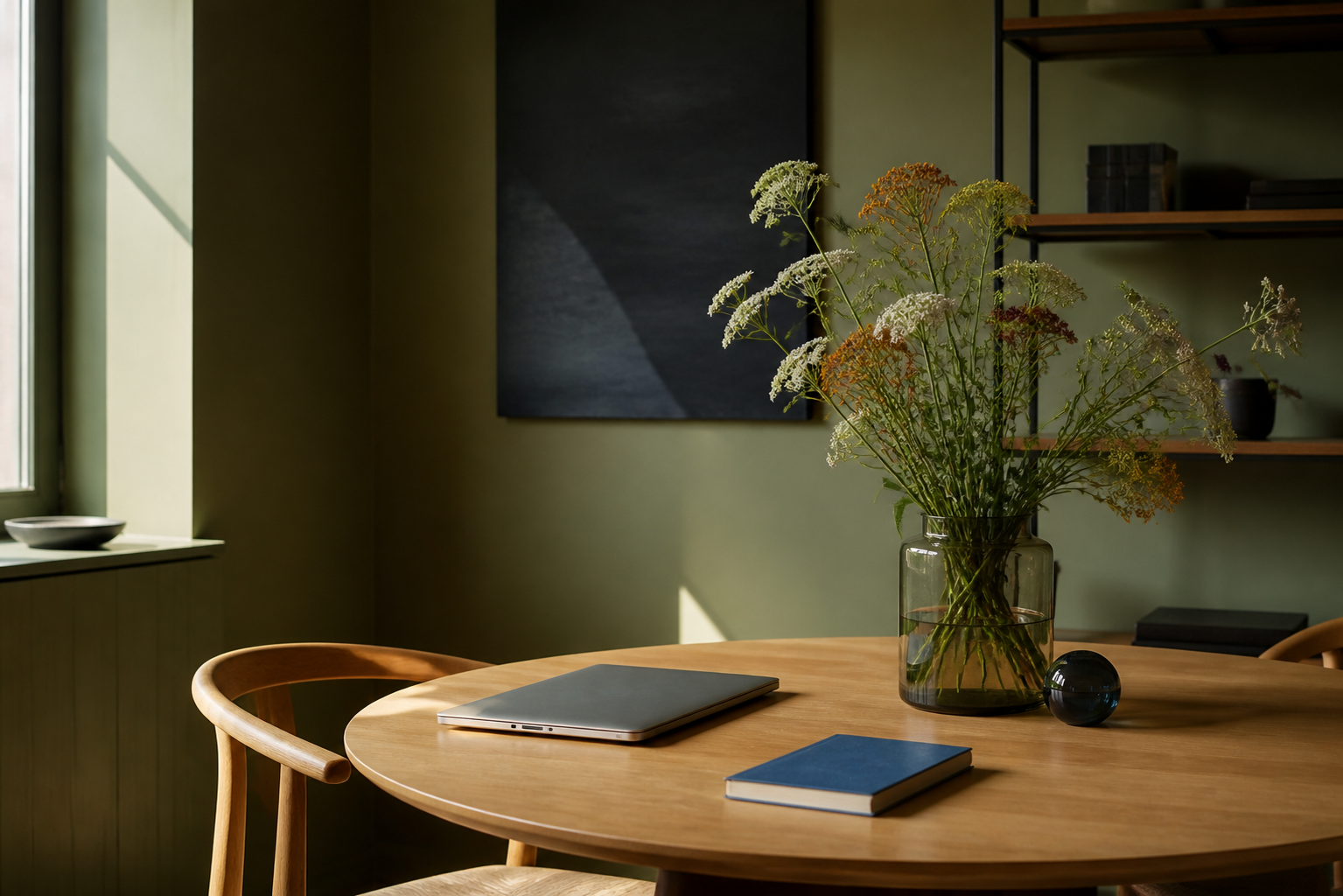 A calm studio office table with flowers and a notebook