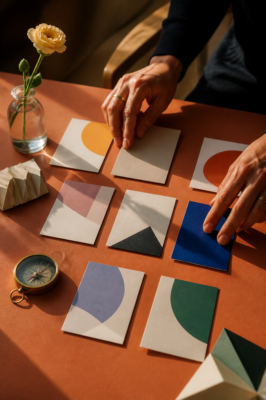 Hands arranging colorful planning materials on a terracotta table